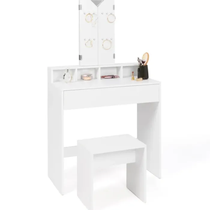 Coiffeuse 3 miroirs blanche avec 4 niches, 1 tiroir et tabouret