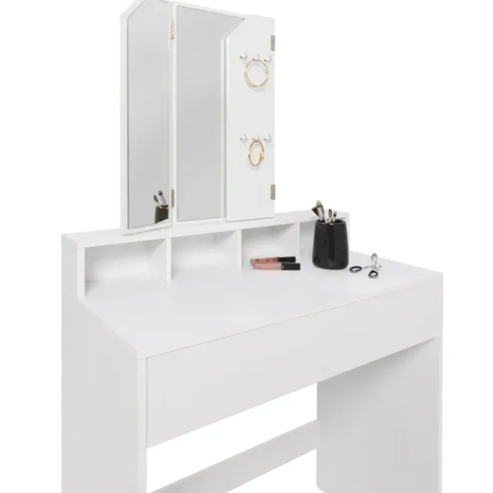 Coiffeuse 3 miroirs blanche avec 4 niches, 1 tiroir et tabouret