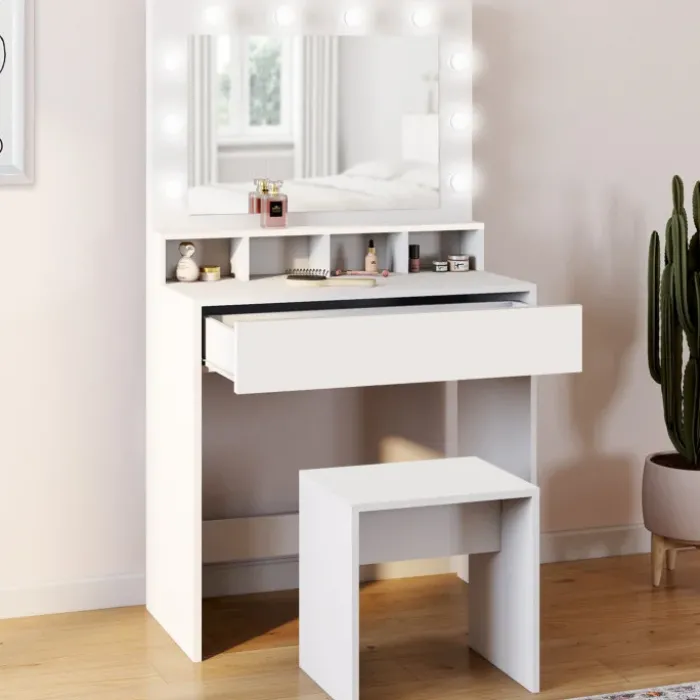 Coiffeuse avec miroir LED et tabouret, 4 niches, 1 tiroir