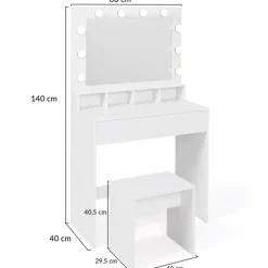 Coiffeuse avec miroir LED et tabouret, 4 niches, 1 tiroir