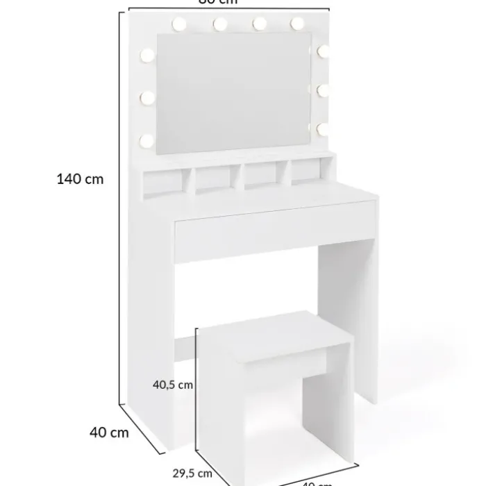 Coiffeuse avec miroir LED et tabouret, 4 niches, 1 tiroir