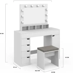 Coiffeuse avec miroir LED blanche, niches, tiroirs, rangements et tabouret