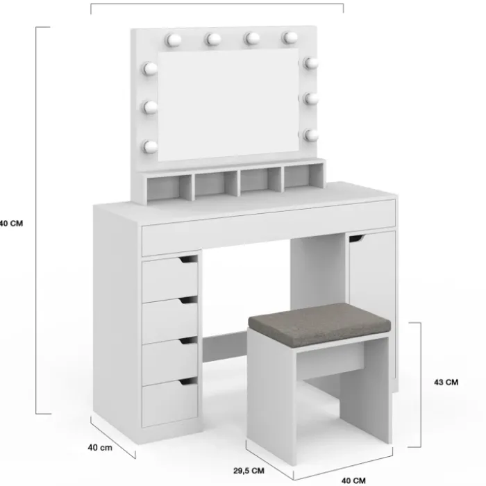 Coiffeuse avec miroir LED blanche, niches, tiroirs, rangements et tabouret