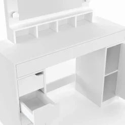 Coiffeuse avec miroir LED blanche, niches, tiroirs, rangements et tabouret