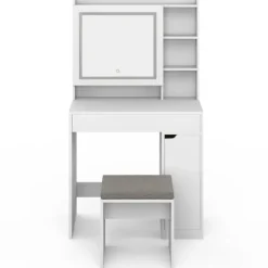 Coiffeuse blanche avec miroir LED et rangements