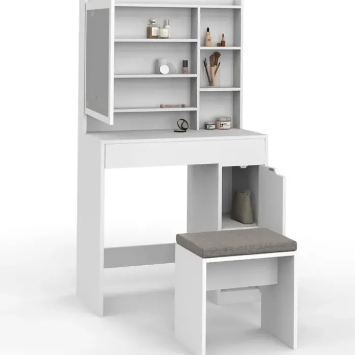 Coiffeuse blanche avec miroir LED et rangements