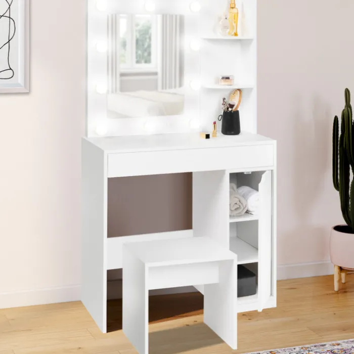 Coiffeuse blanche avec miroir LED et tabouret 1 tiroir