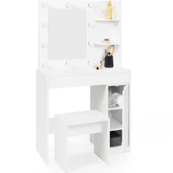 Coiffeuse blanche avec miroir LED et tabouret 1 tiroir