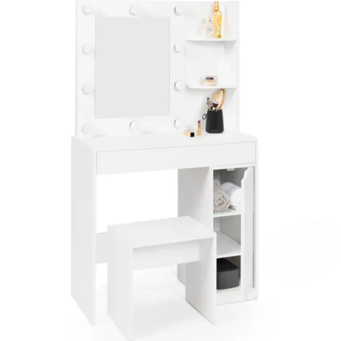 Coiffeuse blanche avec miroir LED et tabouret 1 tiroir