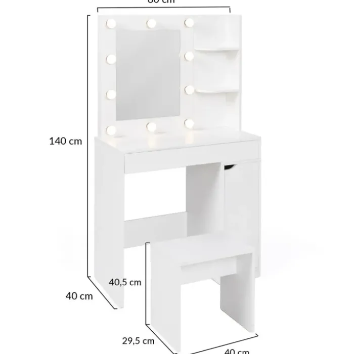 Coiffeuse blanche avec miroir LED et tabouret 1 tiroir