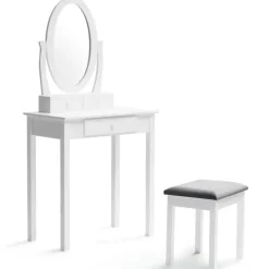 Coiffeuse blanche avec miroir et tabouret