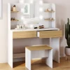 Coiffeuse bois et blanc avec miroir LED et tabouret
