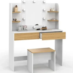 Coiffeuse bois et blanc avec miroir LED et tabouret