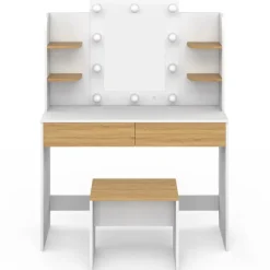 Coiffeuse bois et blanc avec miroir LED et tabouret