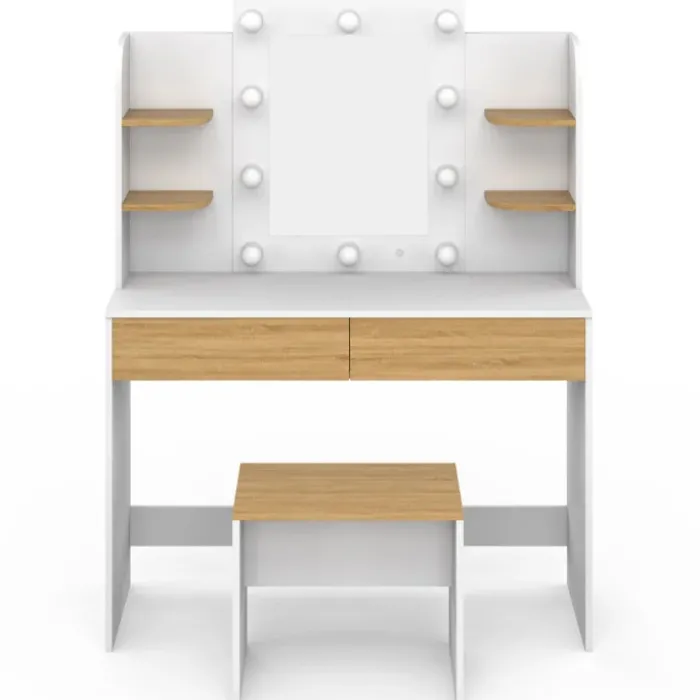 Coiffeuse bois et blanc avec miroir LED et tabouret