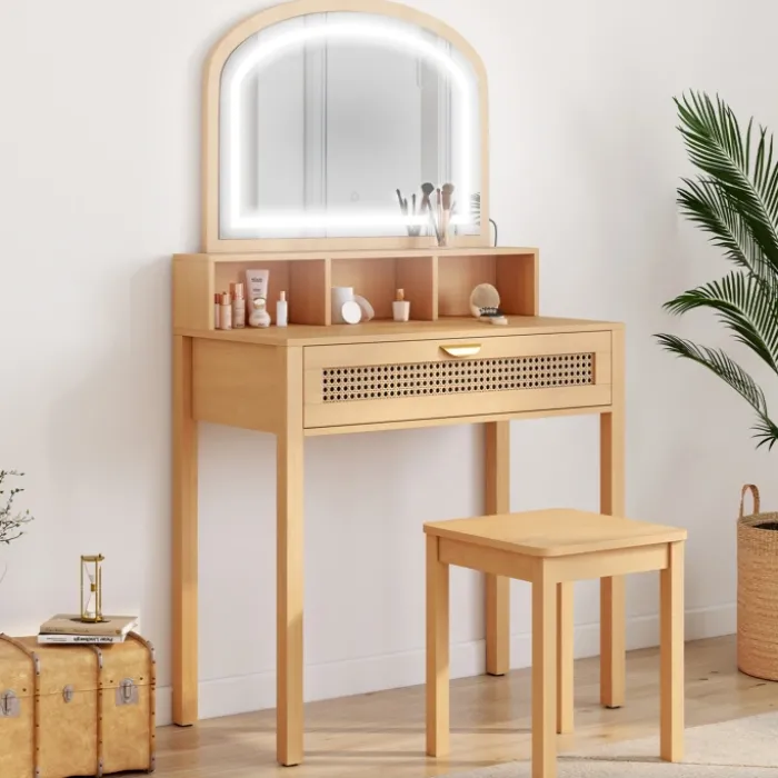 Coiffeuse bois et cannage avec miroir LED, niches, tiroir + tabouret
