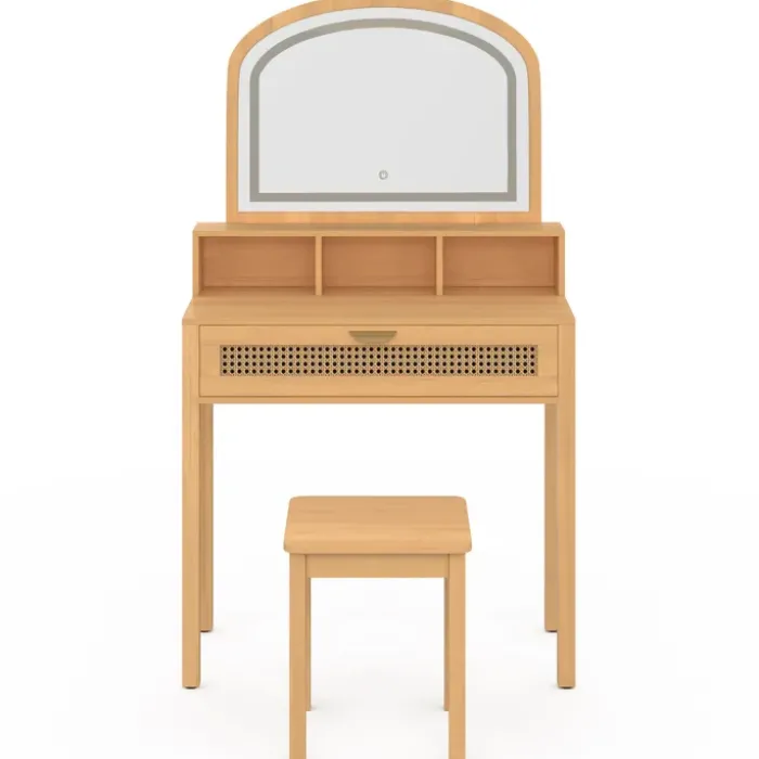 Coiffeuse bois et cannage avec miroir LED, niches, tiroir + tabouret