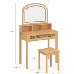 Coiffeuse bois et cannage avec miroir LED, niches, tiroir + tabouret