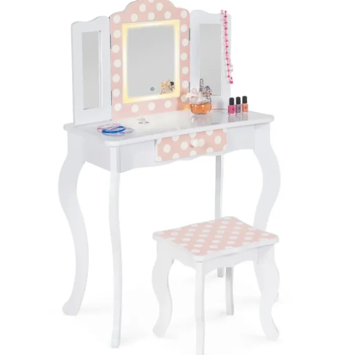 Coiffeuse enfant blanche et rose avec 3 miroirs et tabouret
