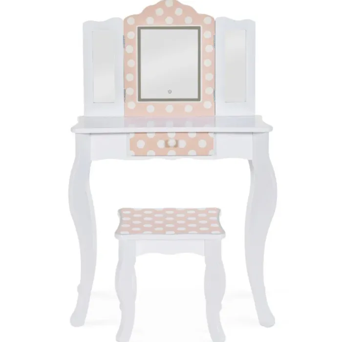 Coiffeuse enfant blanche et rose avec 3 miroirs et tabouret