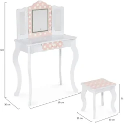Coiffeuse enfant blanche et rose avec 3 miroirs et tabouret