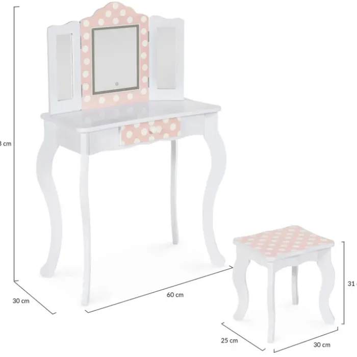 Coiffeuse enfant blanche et rose avec 3 miroirs et tabouret