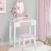 Coiffeuse enfant rose et blanche avec miroir et tabouret