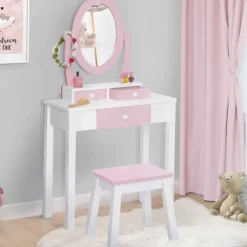 Coiffeuse enfant rose et blanche avec miroir et tabouret