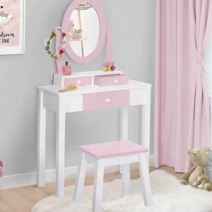Coiffeuse enfant rose et blanche avec miroir et tabouret