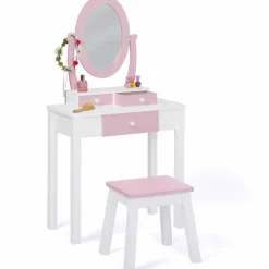 Coiffeuse enfant rose et blanche avec miroir et tabouret