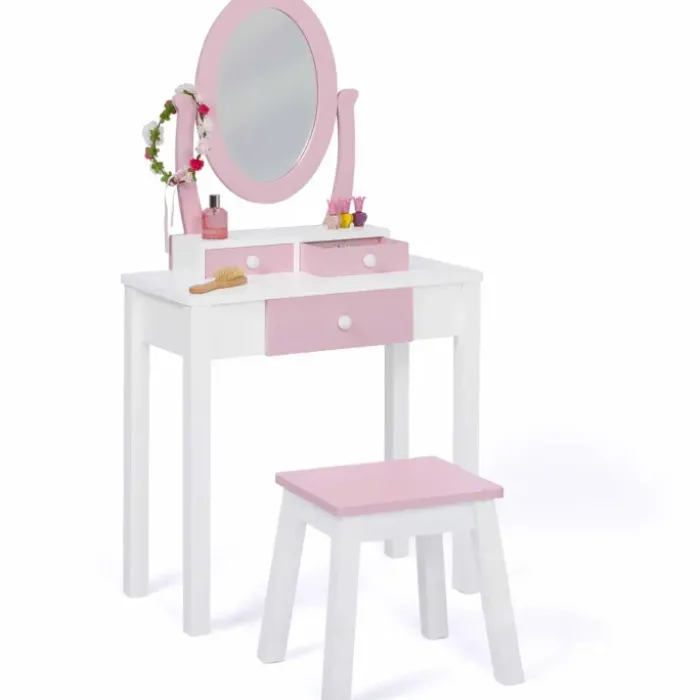 Coiffeuse enfant rose et blanche avec miroir et tabouret