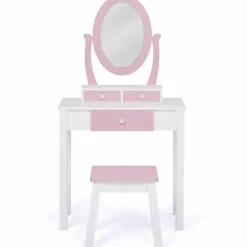 Coiffeuse enfant rose et blanche avec miroir et tabouret