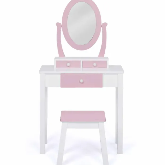 Coiffeuse enfant rose et blanche avec miroir et tabouret