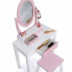 Coiffeuse enfant rose et blanche avec miroir et tabouret