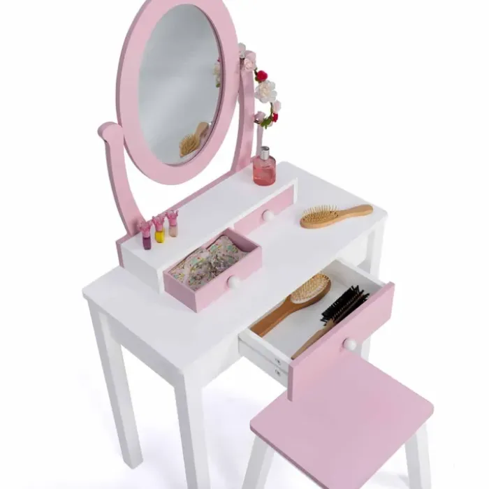 Coiffeuse enfant rose et blanche avec miroir et tabouret