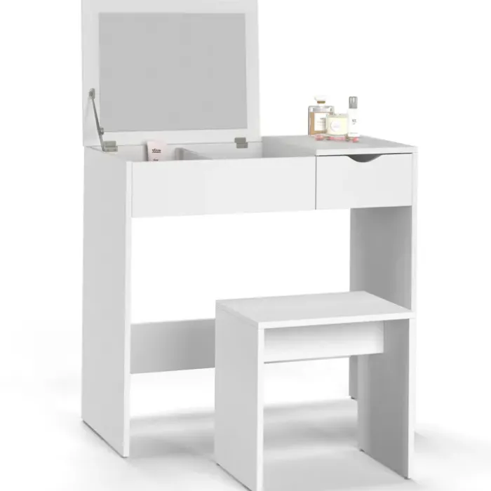 Coiffeuse miroir rabattable blanche 2 tiroirs et tabouret