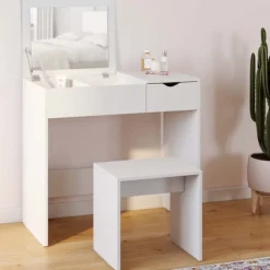 Coiffeuse miroir rabattable blanche 2 tiroirs et tabouret