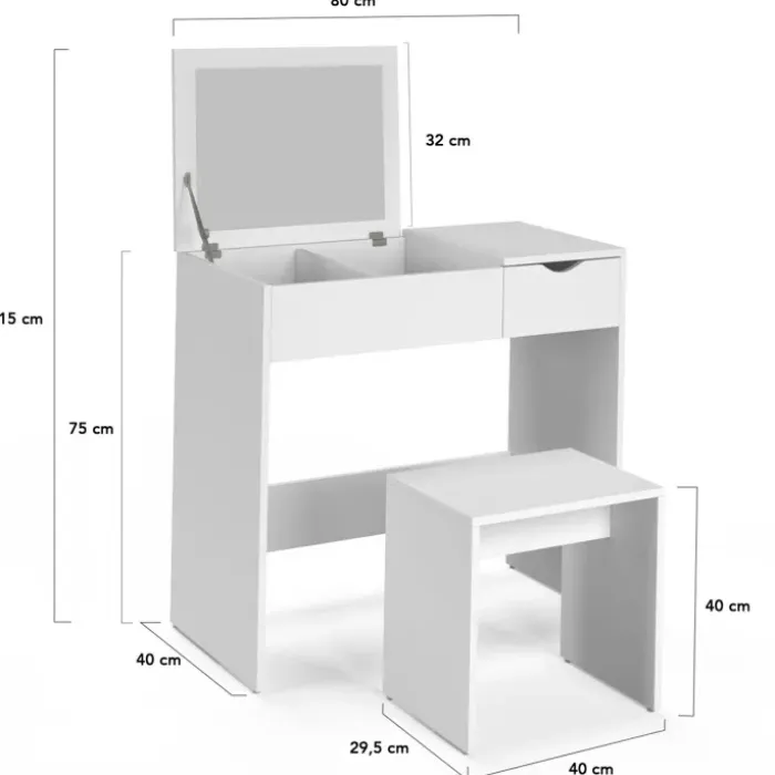 Coiffeuse miroir rabattable blanche 2 tiroirs et tabouret