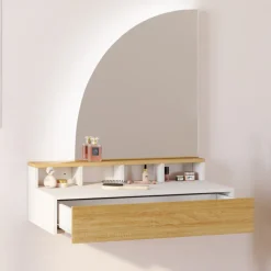 Coiffeuse suspendue miroir LED avec 4 niches, 1 tiroir bois et blanc