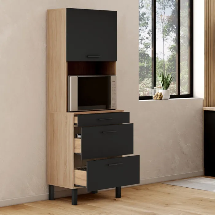 Colonne de cuisine micro-ondes et casserolier 60 cm CINA 2 portes façon hêtre et noir