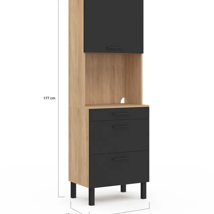 Colonne de cuisine micro-ondes et casserolier 60 cm CINA 2 portes façon hêtre et noir