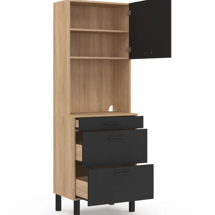 Colonne de cuisine micro-ondes et casserolier 60 cm CINA 2 portes façon hêtre et noir