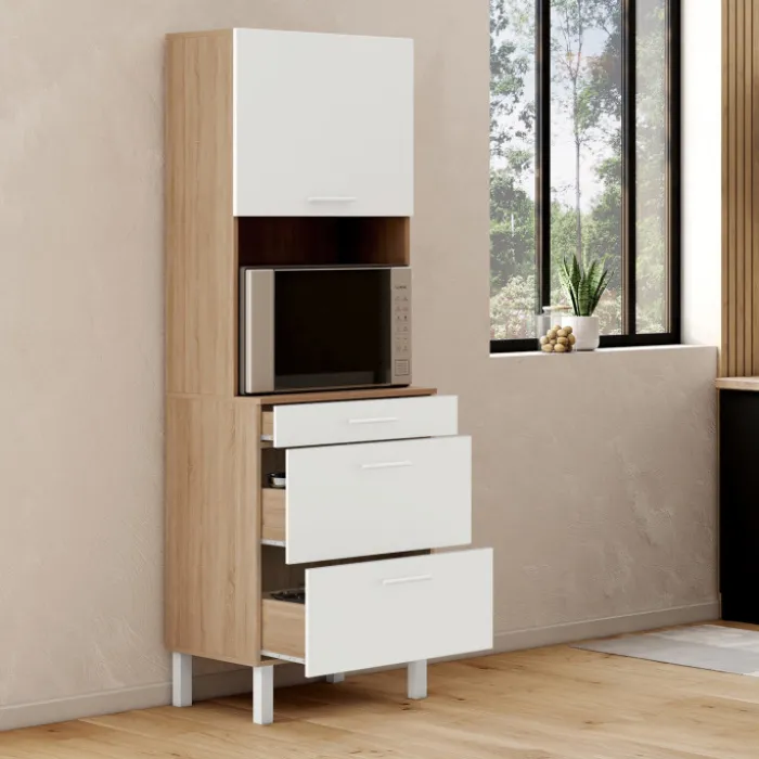 Colonne de cuisine micro-ondes et casserolier 60 cm CINA 2 portes façon hêtre et blanc