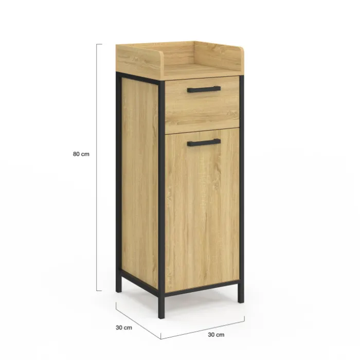 Colonne de rangement d'appoint salle de bain design industriel 1 tiroir 1 placard