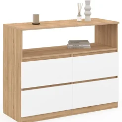 Commode 100 cm 4 tiroirs avec niche façon hêtre et blanc