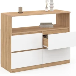 Commode 100 cm 4 tiroirs avec niche façon hêtre et blanc