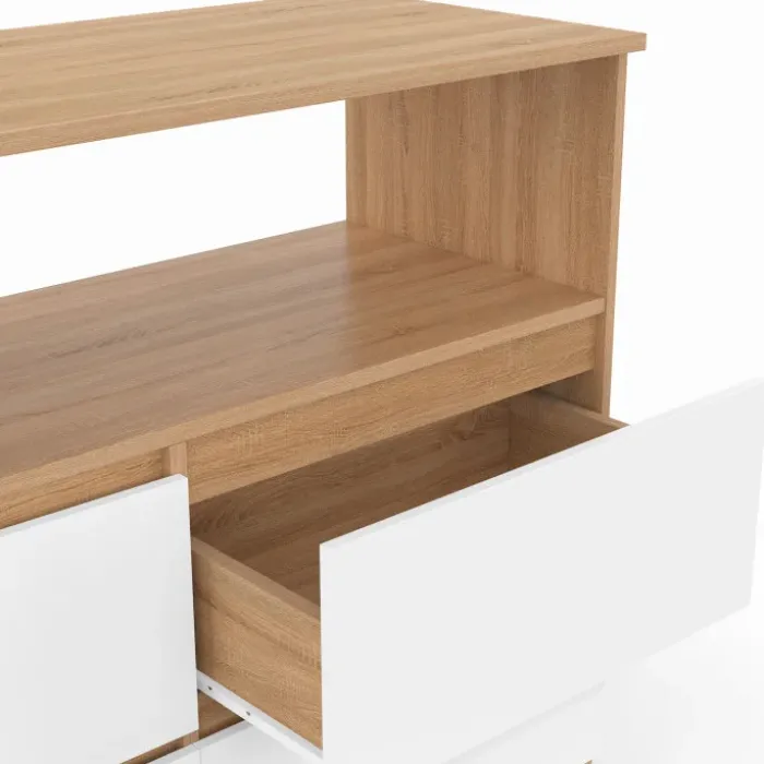Commode 100 cm 4 tiroirs avec niche façon hêtre et blanc