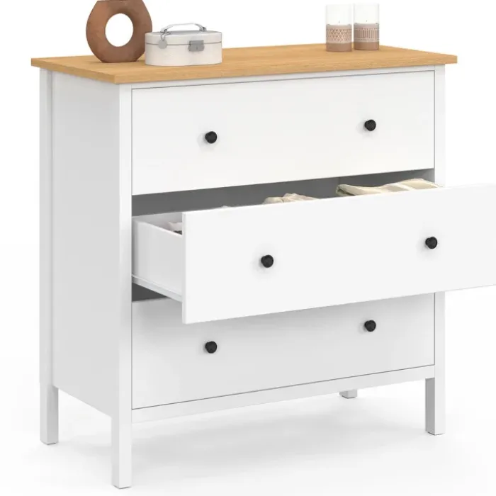 Commode 80 cm 3 tiroirs bois blanc plateau bois