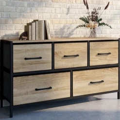 Commode 100 cm 5 tiroirs en tissu noir et effet bois au style industriel