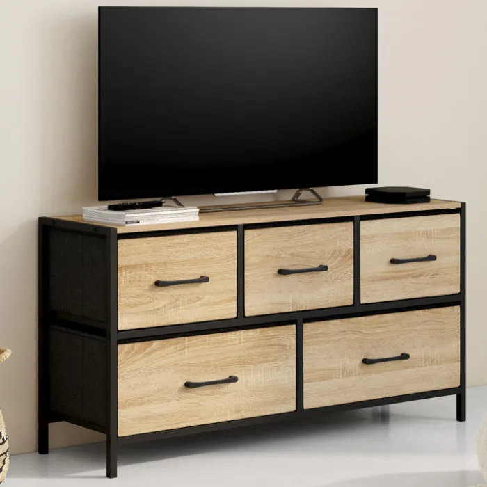 Commode 100 cm 5 tiroirs en tissu noir et effet bois au style industriel